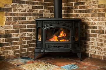 Wood burning fireplace with metal body and glass door  in the house