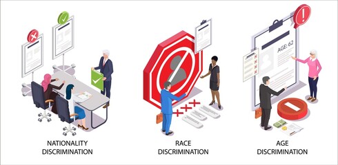 Employment discrimination scene set, vector isometric illustration. Nationality, race and age discrimination. - obrazy, fototapety, plakaty
