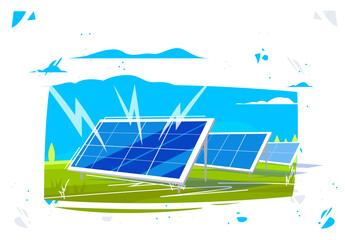 vector illustration of solar power station on green fields, green energy