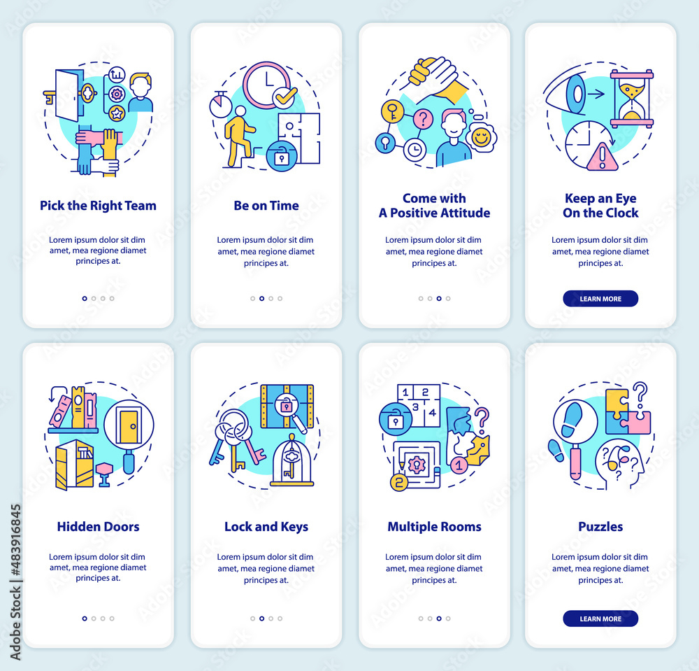 Aufkleber escape room experience onboarding mobile app screen set. solving puzzles walkthrough 4 steps graphic