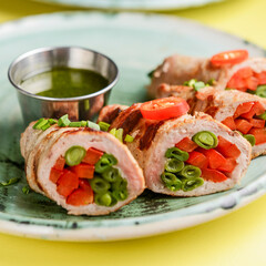 Minced meat loaf rolls with veegtables inside, vegetable stuffed meat rolls. Ukrainian cuisine concept.