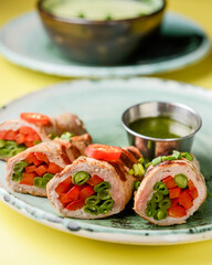 Minced meat loaf rolls with veegtables inside, vegetable stuffed meat rolls. Ukrainian cuisine concept.
