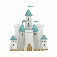 Illustration of a fairy tale castle with towers and flags