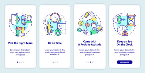 Escape room strategies onboarding mobile app screen. Be on time walkthrough 4 steps graphic instructions pages with linear concepts. UI, UX, GUI template. Myriad Pro-Bold, Regular fonts used