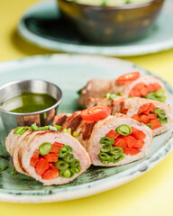 Minced meat loaf rolls with veegtables inside, vegetable stuffed meat rolls. Ukrainian cuisine concept.