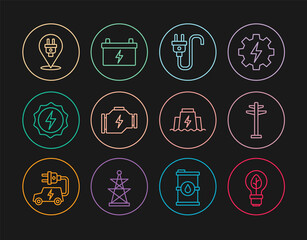 Set line Light bulb with leaf, Electric tower, plug, Check engine, Lightning bolt, Hydroelectric dam and Car battery icon. Vector