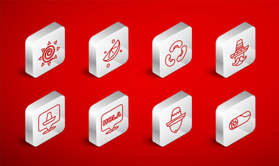 Set line Burrito, Sliced lime, Beans, Mexican man sombrero, Sun, Hola and icon. Vector © vector_v