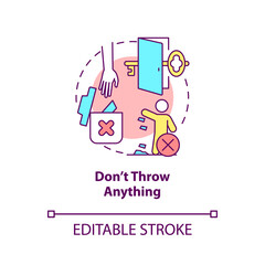 Dont throw anything concept icon. Escape room warning abstract idea thin line illustration. Avoid things destruction. Isolated outline drawing. Editable stroke. Arial, Myriad Pro-Bold fonts used