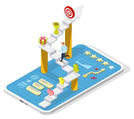 Gamification interactive content, vector isometric illustration. Consumers engagement, customers attraction with rewards - obrazy, fototapety, plakaty