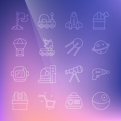 Set line Planet, Ray gun, Saturn, Rocket ship, Mars rover, Box flying on parachute, Moon with flag and Satellite icon. Vector