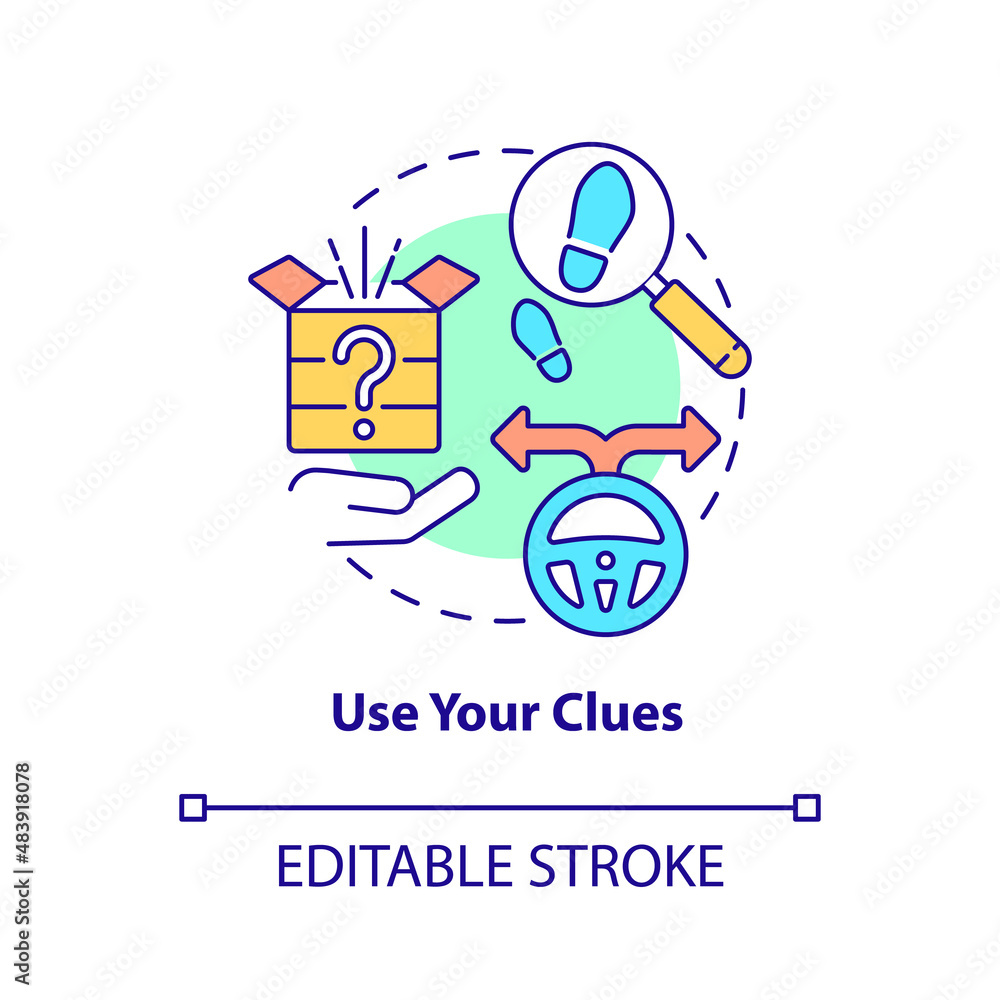 Poster use clues concept icon. escape room winning approach abstract idea thin line illustration. solving p