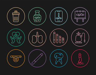 Set line Cigarette butt, Hookah, No smoking, Lungs, Heart with cross, Trash can, Smoking cigarette and Nicotine gum blister pack icon. Vector