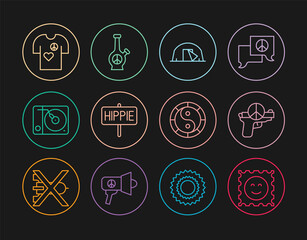 Set line LSD acid mark, No war, Tourist tent, Peace, Vinyl player, t-shirt print stamp, Yin Yang symbol and Bong icon. Vector