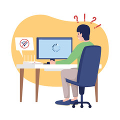 Lost wifi signal at home 2D vector isolated illustration. No connection. Worried man at computer desk flat characters on cartoon background. Everyday situation and daily life colourful scene