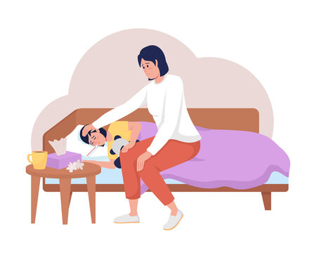 Kid with influenza 2D vector isolated illustration. Mom taking care of daughter with fever flat characters on cartoon background. Everyday situation and common tasks colourful scene