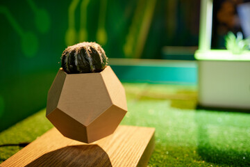 Hovering flying rotating in air potted plant pot on table in front of window decorative gadget for...
