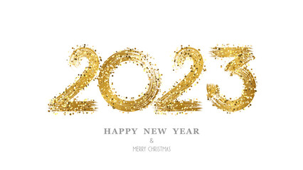 Happy new year 2023 numbers written in a golden brush isolated on a white background.