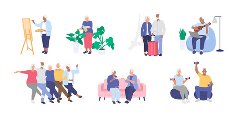 Seniors, elderly people having fun together. Healthy and active lifestyle. Hobby. Grandmother and grandfather. Vector - obrazy, fototapety, plakaty