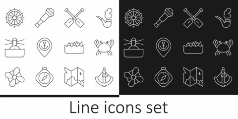 Set line Anchor, Crab, Paddle, Location with anchor, Lighthouse, Ship steering wheel, Sharp stone reefs and Spyglass telescope lens icon. Vector