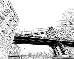 Fototapeta na wymiar Manhattan bridge hand drawn industrial illustration. New York city vector sketch
