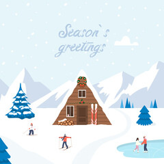 Seasons Greetings. Cute Wooden House in the Forest. Snowy mountains. Winter Landscape. Vector