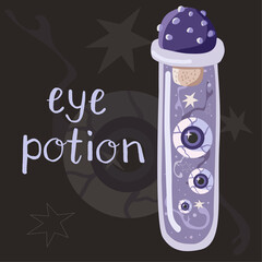 Purple witch potion with eyes and amanita mushroom cap