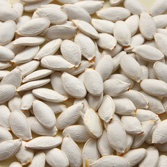 Food background of pumpkin seeds. pumpkin seeds background. Square texture of large white seeds.