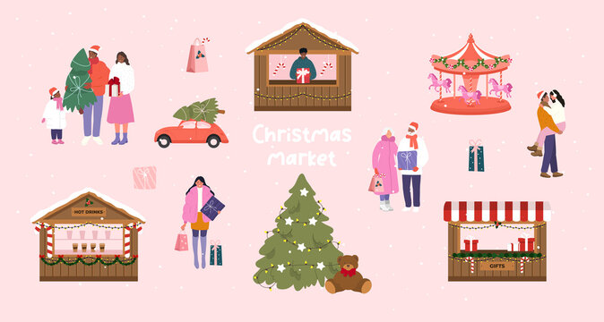 Christmas market. People buy christmas gifts. Vector