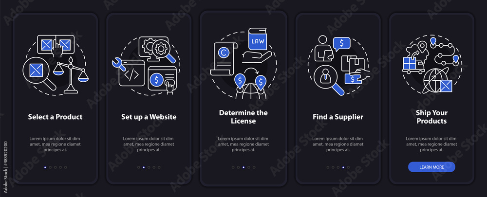 Poster how to start export business night mode onboarding mobile app screen. walkthrough 5 steps graphic in
