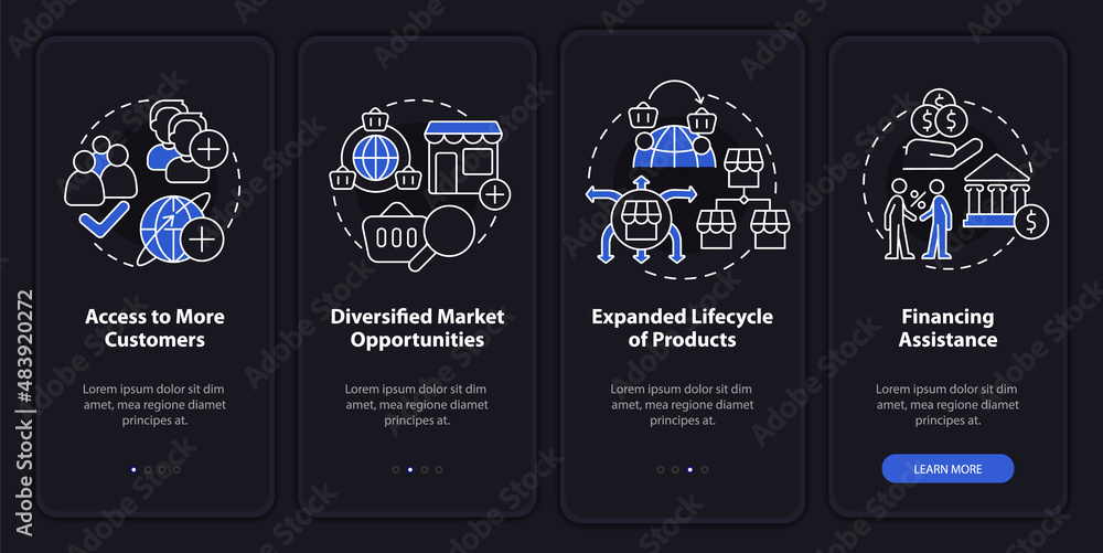 Poster export business advantages night mode onboarding mobile app screen. walkthrough 4 steps graphic inst