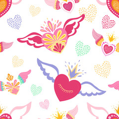 Decorative pattern hearts with wings for valentines day bright love decor for cards posters invitations wedding holiday party. Vector illustration