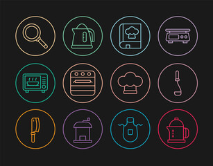 Set line French press, Kitchen ladle, Cookbook, Oven, Microwave oven, Frying pan, Chef hat and Electric kettle icon. Vector