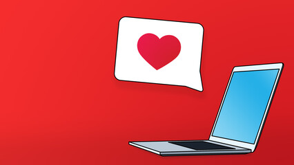 Open cartoon laptop with blue screen and speech bubble with a red heart. Illustration isolated on red background. Horizontal banner with text area, copy space, place for text.