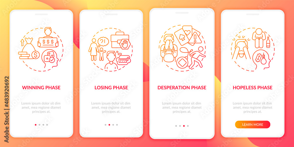 Poster phases of gambling addiction red gradient onboarding mobile app screen. walkthrough 4 steps graphic 