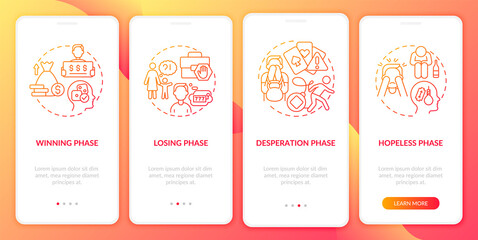 Phases of gambling addiction red gradient onboarding mobile app screen. Walkthrough 4 steps graphic instructions pages with linear concepts. UI, UX, GUI template. Myriad Pro-Bold, Regular fonts used