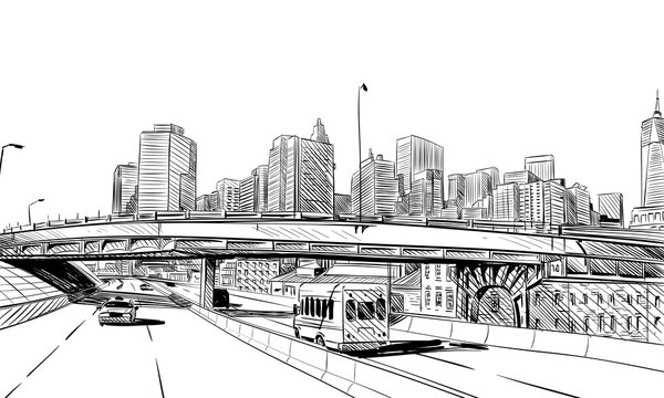 Manhattan bridge hand drawn industrial illustration. New York city vector sketch © romanya