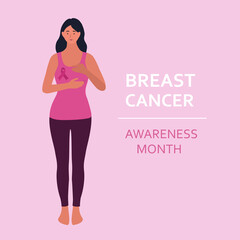 Breast Cancer Awareness month. Young woman illustration. Breast cancer prevention. Vector