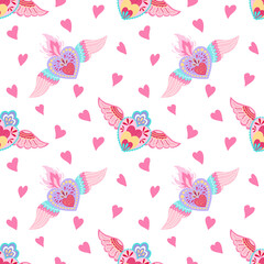 Decorative pattern hearts with wings for valentines day bright love decor for cards posters invitations wedding holiday party. Vector illustration