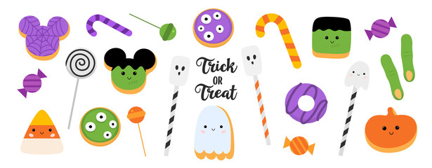 Cute halloween sweets and candies. Flat simple icons. Halloween decorations. Vector