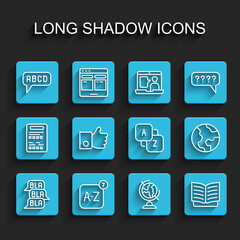 Set line Speech bubble chat, Online translator, Alphabet, Earth globe, Open book, Hand like, and Vocabulary icon. Vector