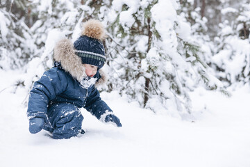 Fototapeta na wymiar Child walking in snowy pine forest. Rear view of little kid boy having fun outdoors in winter nature. Christmas holiday. Cute toddler boy in blue overalls and knitted scarf and cap playing in park.
