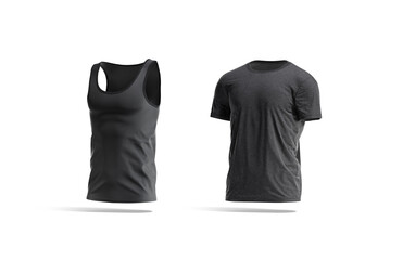 Blank black tank top and wrinkled t-shirt mockup, side view