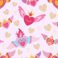 Decorative pattern hearts with wings for valentines day bright love decor for cards posters invitations wedding holiday party. Vector illustration