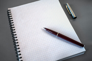 An open notebook on the table. A pen with a feather on a blank sheet of notebook. Pen cap next to it. Place for your text. The concept of education, scientific work, text writing.