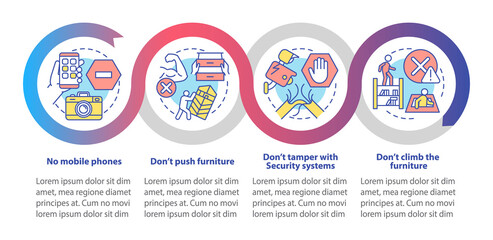 Escape room restrictions loop infographic template. No camera. Data visualization with 4 steps. Process timeline info chart. Workflow layout with line icons. Myriad Pro-Bold, Regular fonts used
