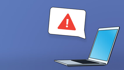 Open cartoon laptop with blue screen and speech bubble with a warning icon. Illustration isolated on blue background. Horizontal banner with, copy space, place for text. Notification, alert