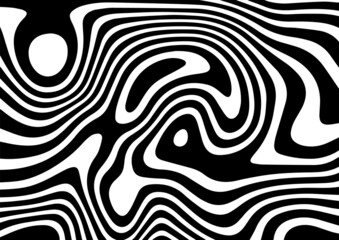 Black and white abstract striped background.Optical illusion of wrapped shapes.Smooth and wavy lines.Vector illustration.