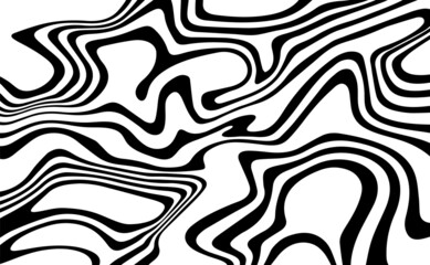 Black and white abstract striped background.Optical illusion of wrapped shapes.Smooth and wavy lines.Vector illustration.