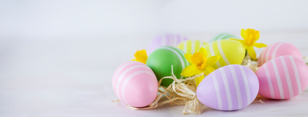 Easter eggs on wooden table with yellow daffodils. Banner size image with copy space