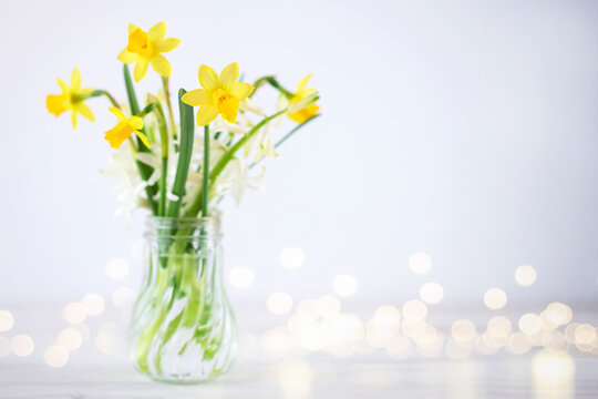 Yellow daffodils and white hyacinth in crystal vase. Image with selected focus and defocused lights on background